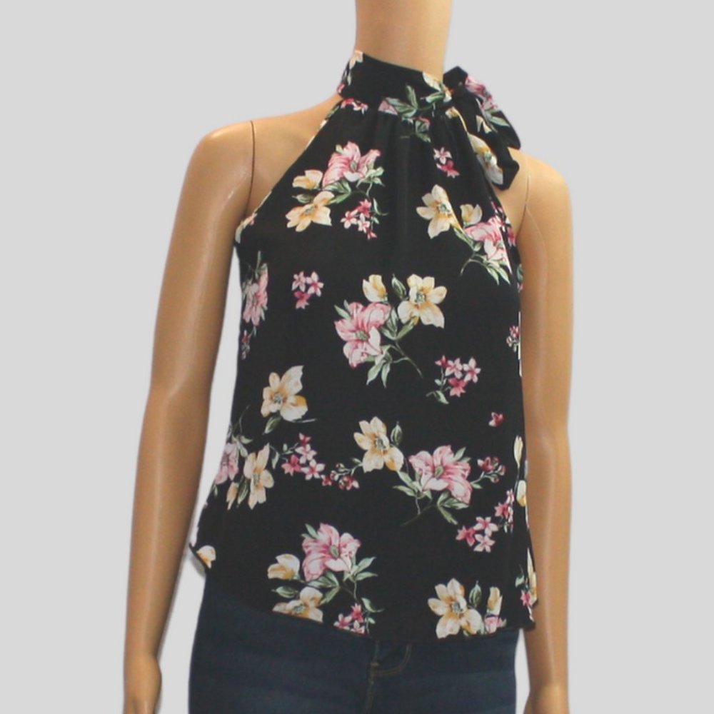 Black Halter Top with Floral Design